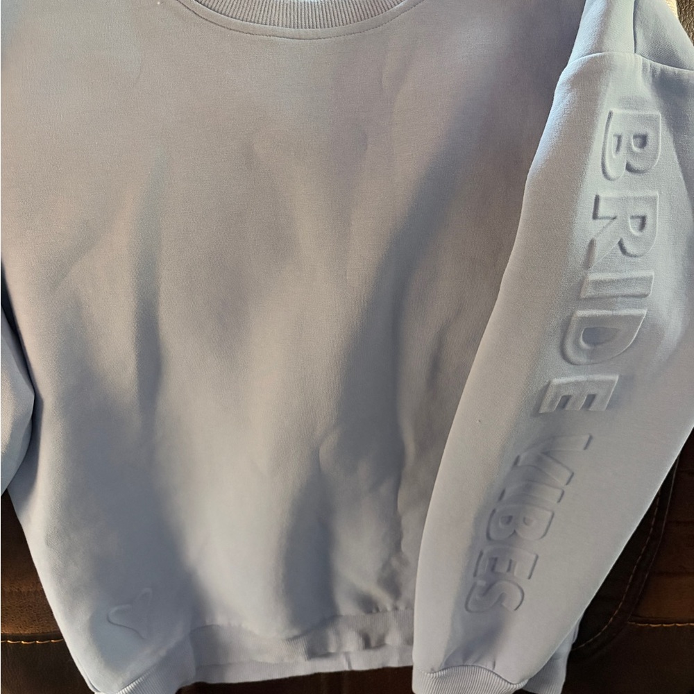 “Bride Vibes” Blue Sweatshirt with Embossed Sleeve Design